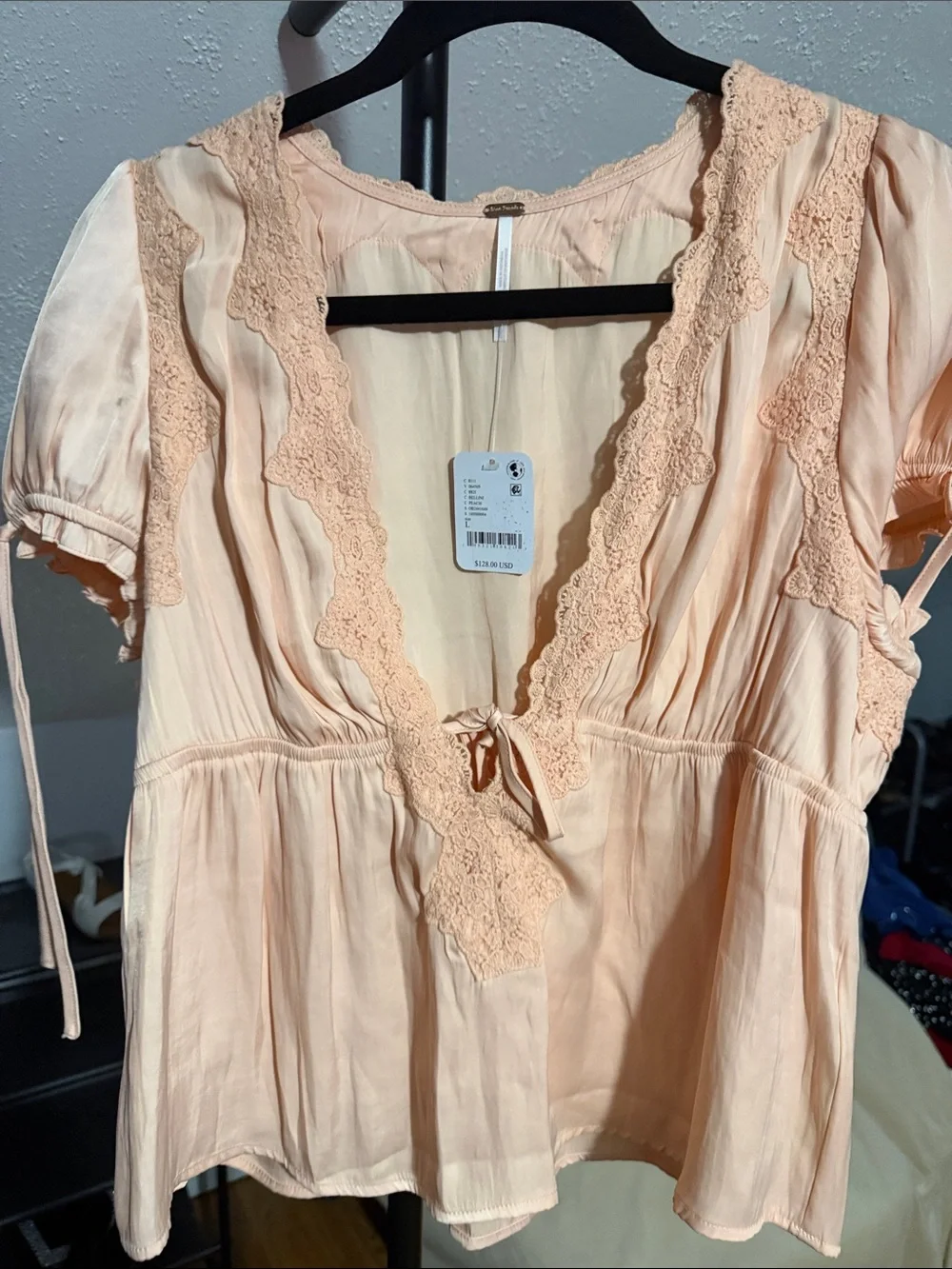 Free People Peach Lace Trim Peasant Top